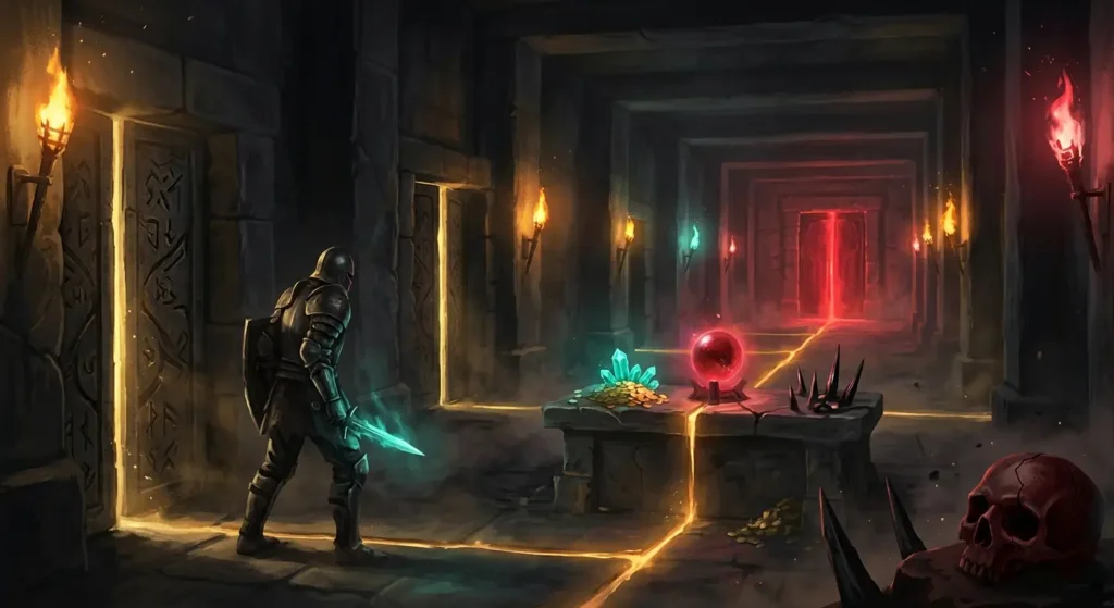 PoE 2 0.5.5 Forbidden Rites Trial of Chaos shown as a corridor of trial rooms with a risky reward altar